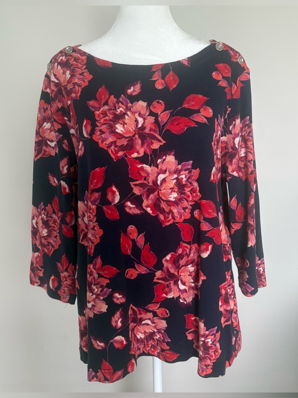 Croft & Barrow XXL Top Womens Navy Blue Red Floral Knit 100% Cotton 3/4 Sleeve
